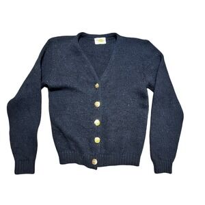Vintage Kerrybrooke Shetland Wool Cardigan Black Gold Buttons 35" Bust Small EUC